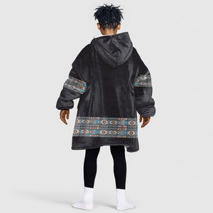 African Ndebele Traditional Attire Kid Wearable Blanket Hoodie Black Ndebele Stripe