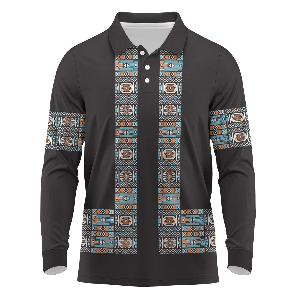 African Ndebele Traditional Attire Long Sleeve Polo Shirt Black Ndebele Stripe