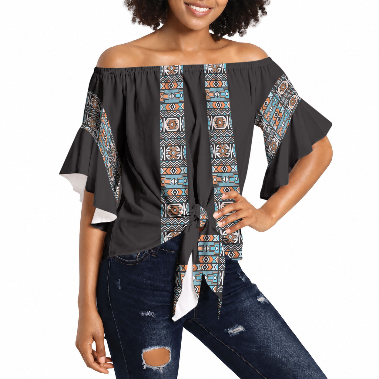 African Ndebele Traditional Attire Off Shoulder Wrap Waist Top Black Ndebele Stripe
