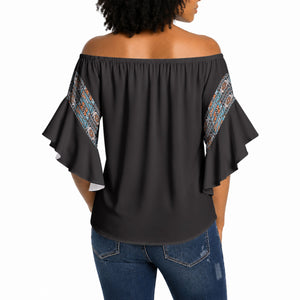 African Ndebele Traditional Attire Off Shoulder Wrap Waist Top Black Ndebele Stripe