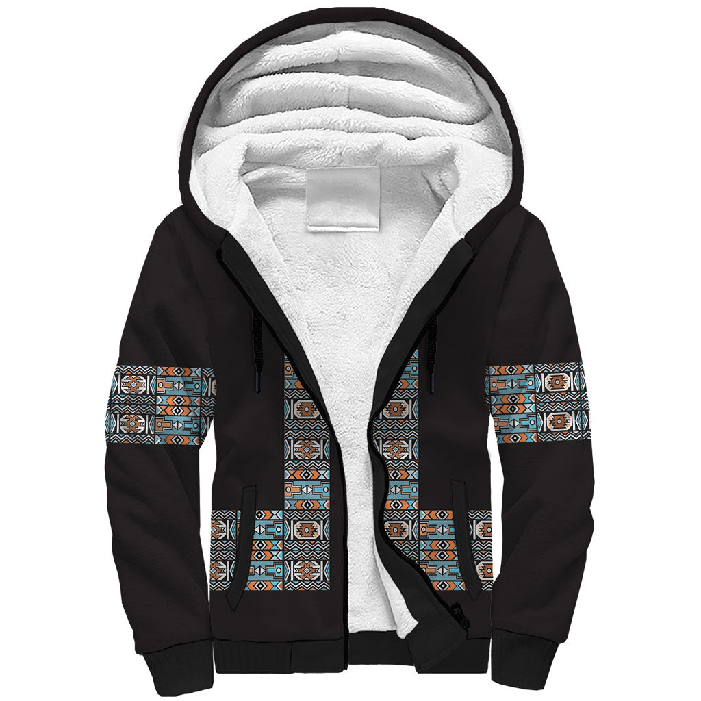 African Ndebele Traditional Attire Sherpa Hoodie Black Ndebele Stripe