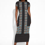 African Ndebele Traditional Attire Short Sleeve Bodycon Dress Black Ndebele Stripe