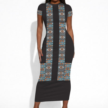 African Ndebele Traditional Attire Short Sleeve Bodycon Dress Black Ndebele Stripe