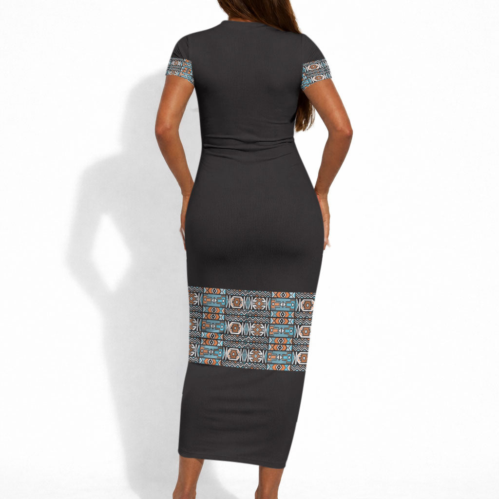African Ndebele Traditional Attire Short Sleeve Bodycon Dress Black Ndebele Stripe
