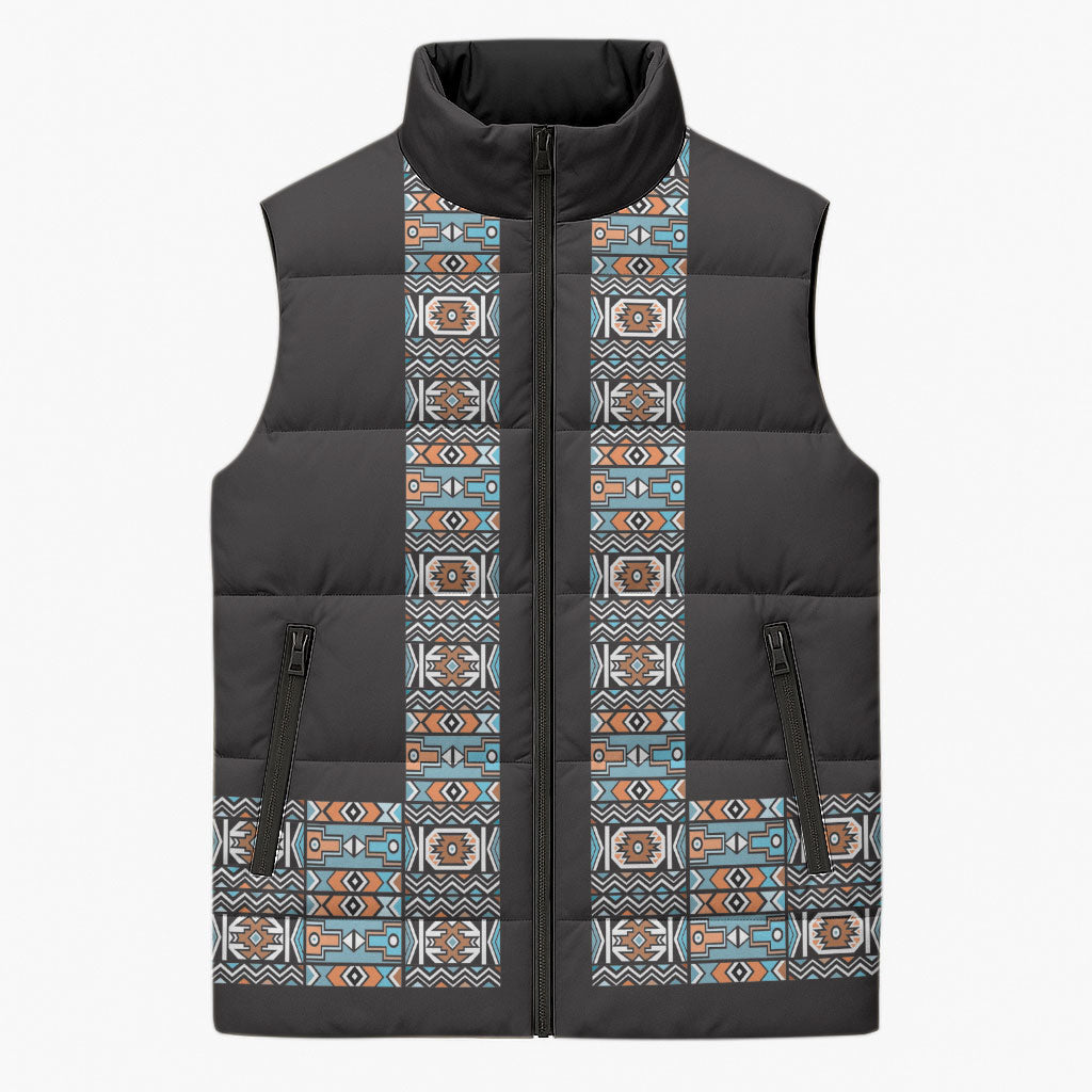 African Ndebele Traditional Attire Sleeveless Puffer Jacket Black Ndebele Stripe