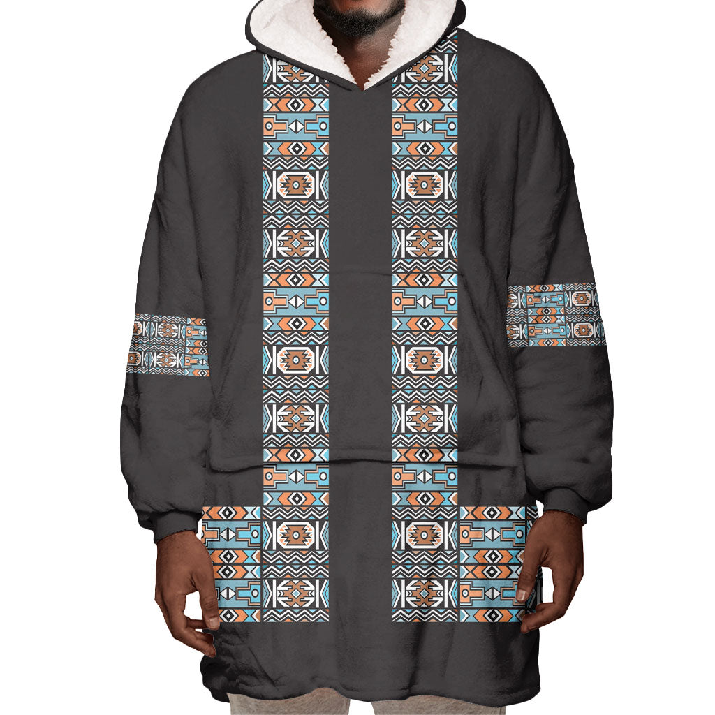 African Ndebele Traditional Attire Wearable Blanket Hoodie Black Ndebele Stripe