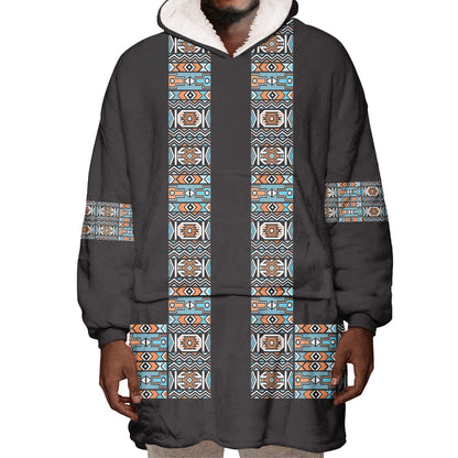 African Ndebele Traditional Attire Wearable Blanket Hoodie Black Ndebele Stripe
