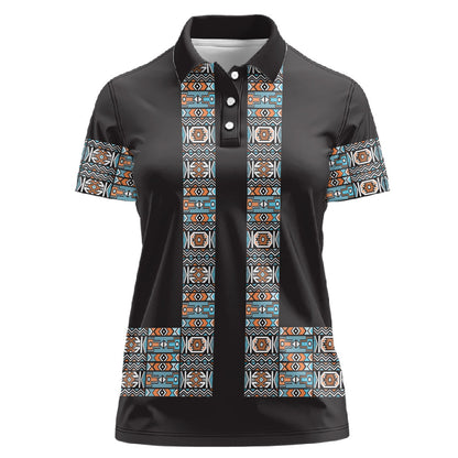 African Ndebele Traditional Attire Women Polo Shirt Black Ndebele Stripe