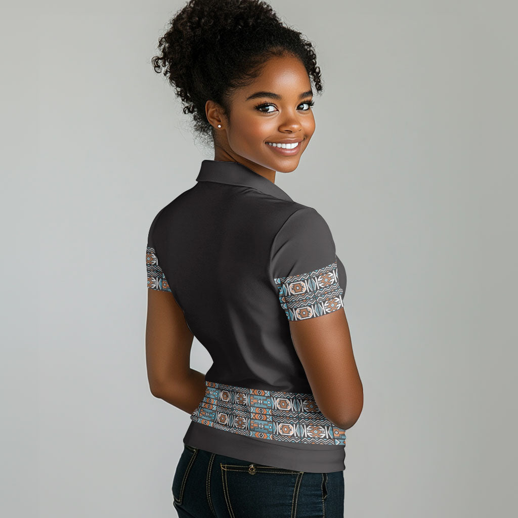 African Ndebele Traditional Attire Women Polo Shirt Black Ndebele Stripe