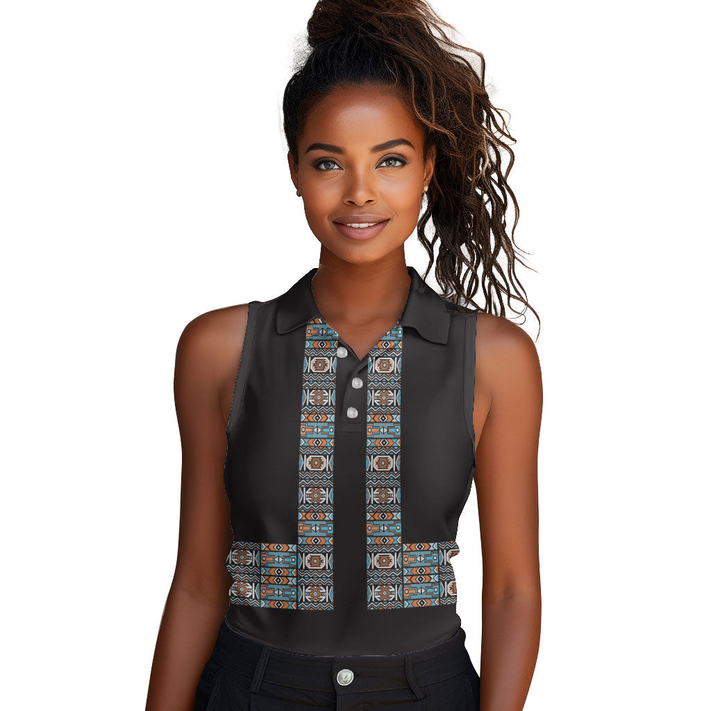 African Ndebele Traditional Attire Women Sleeveless Polo Shirt Black Ndebele Stripe
