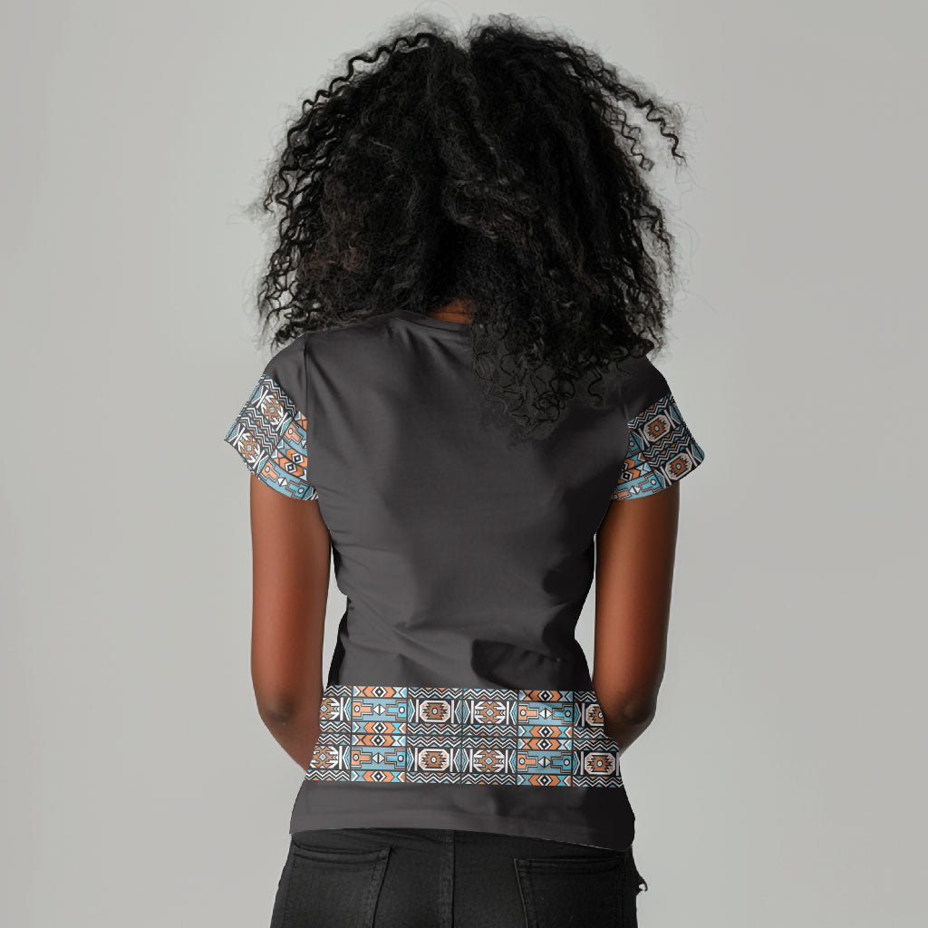 African Ndebele Traditional Attire Women V-Neck T-Shirt Black Ndebele Stripe