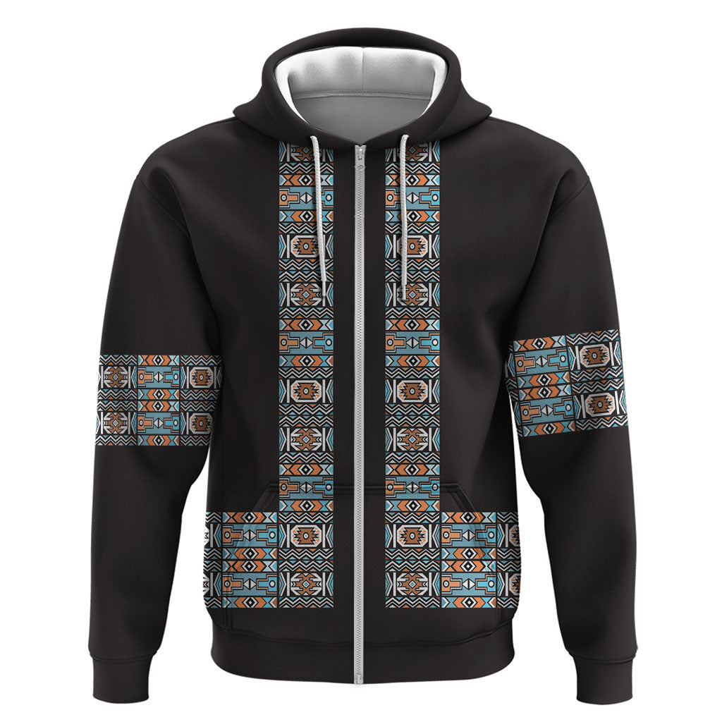 African Ndebele Traditional Attire Zip Hoodie Black Ndebele Stripe