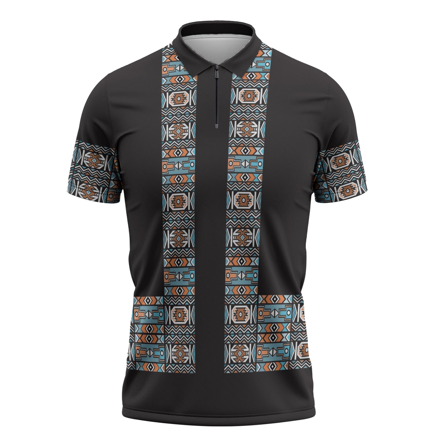 African Ndebele Traditional Attire Zipper Polo Shirt Black Ndebele Stripe