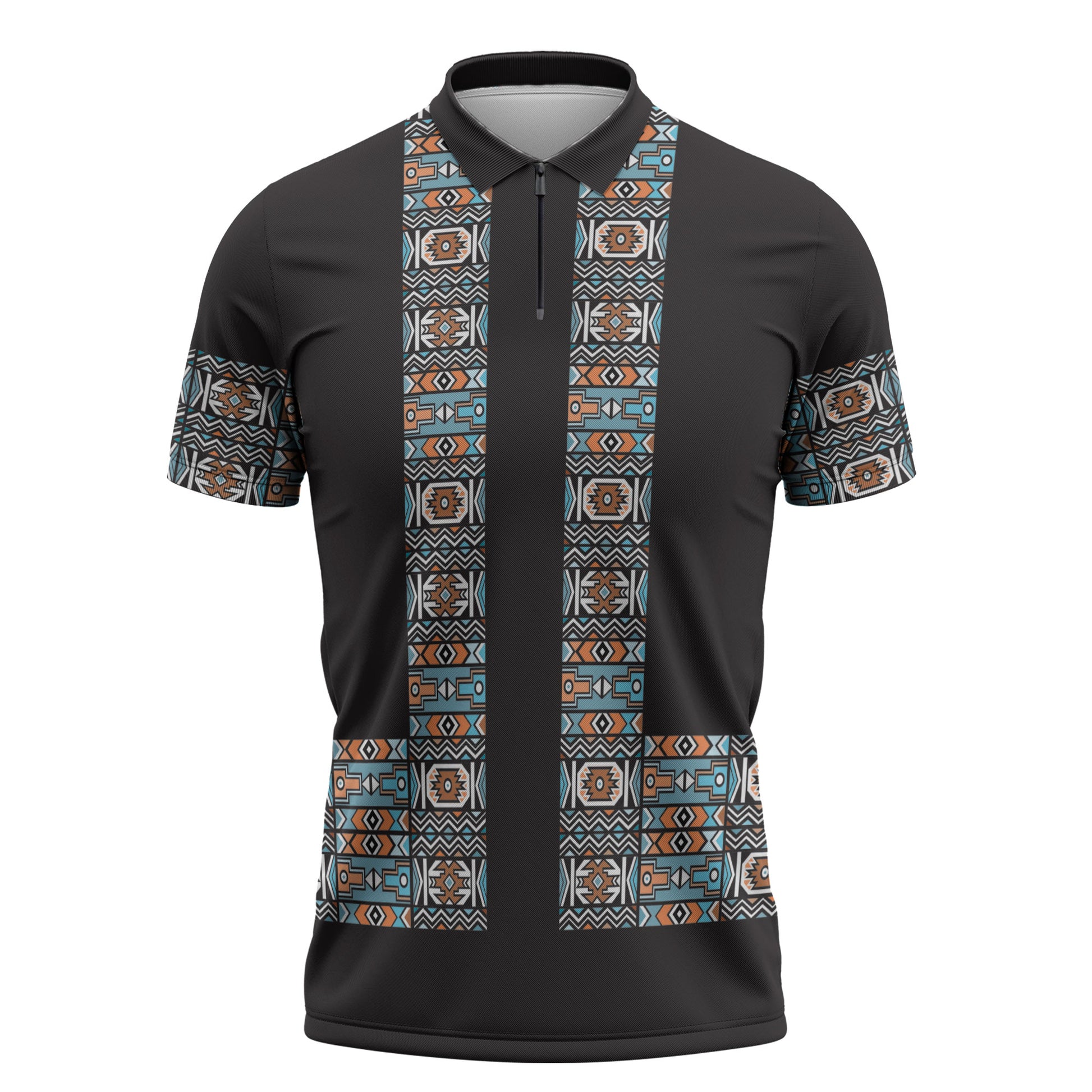 African Ndebele Traditional Attire Zipper Polo Shirt Black Ndebele Stripe
