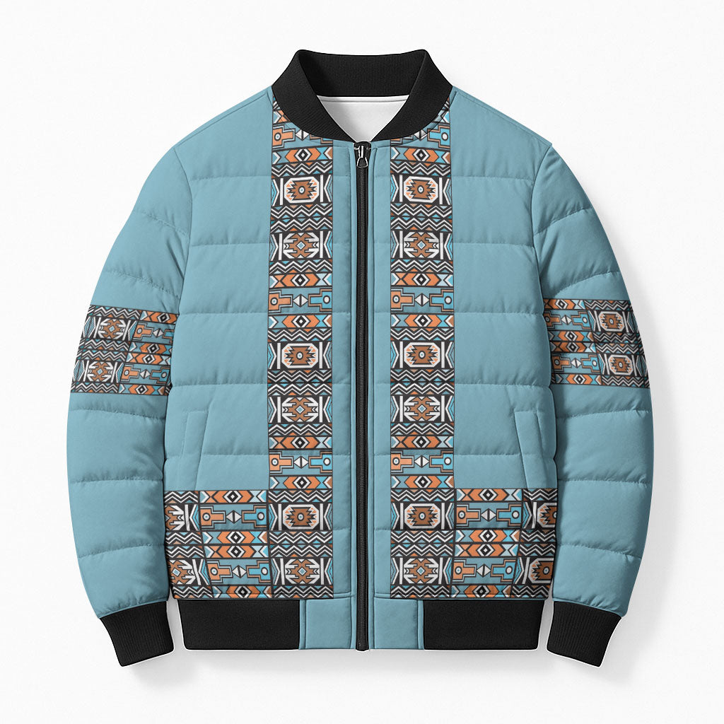 African Ndebele Traditional Attire Bomber Puffer Jacket Blue Ndebele Stripe
