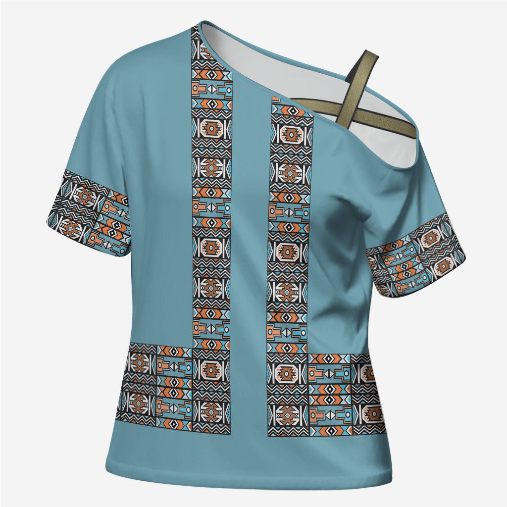 African Ndebele Traditional Attire Cross Shoulder Shirt Blue Ndebele Stripe
