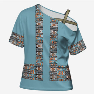 African Ndebele Traditional Attire Cross Shoulder Shirt Blue Ndebele Stripe