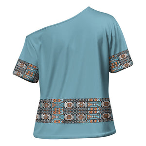 African Ndebele Traditional Attire Cross Shoulder Shirt Blue Ndebele Stripe