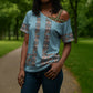 African Ndebele Traditional Attire Cross Shoulder Shirt Blue Ndebele Stripe