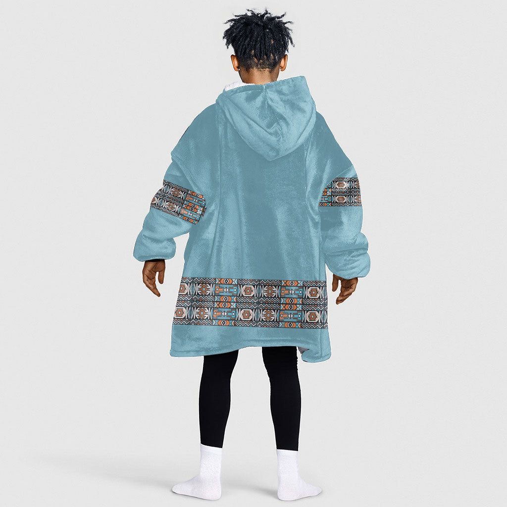 African Ndebele Traditional Attire Kid Wearable Blanket Hoodie Blue Ndebele Stripe