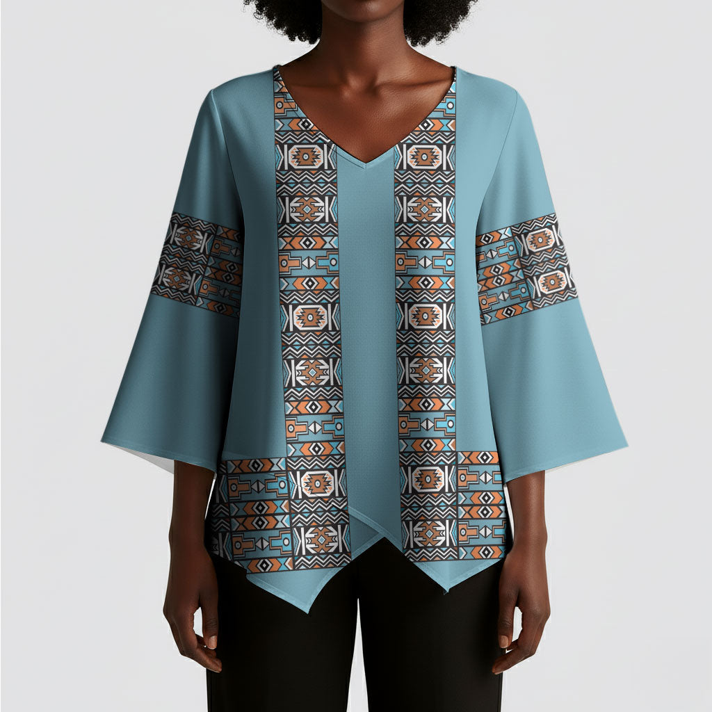 African Ndebele Traditional Attire Kimono Sleeve Blouse Blue Ndebele Stripe