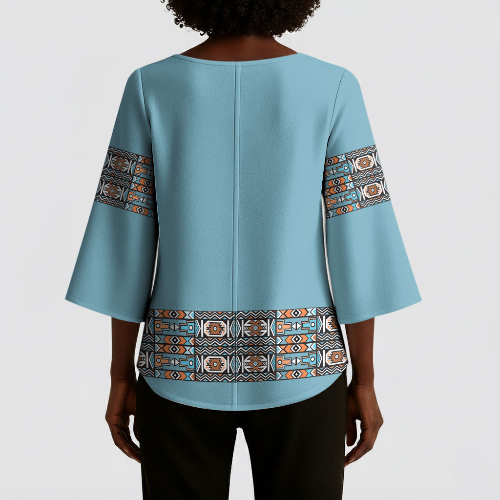 African Ndebele Traditional Attire Kimono Sleeve Blouse Blue Ndebele Stripe