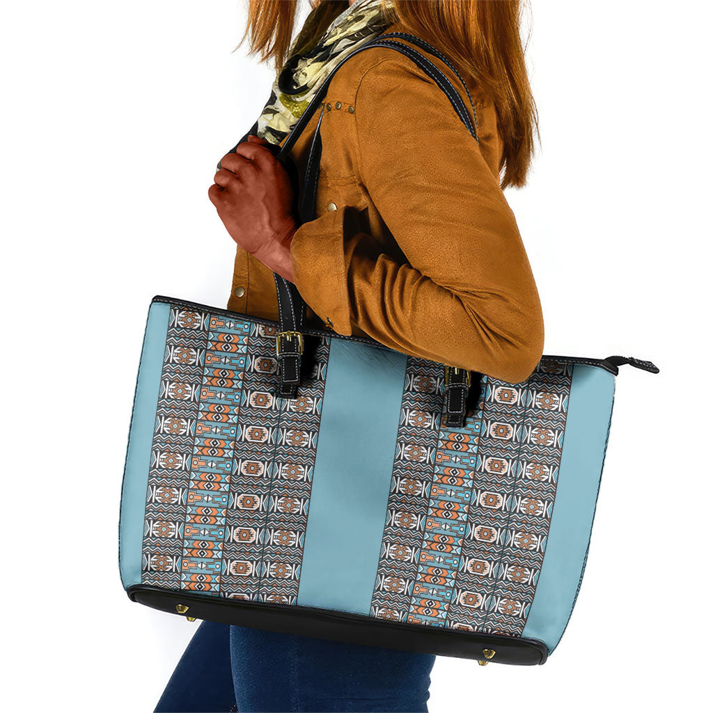 African Ndebele Traditional Attire Leather Tote Bag Blue Ndebele Stripe