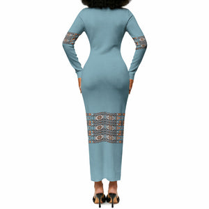 African Ndebele Traditional Attire Long Sleeve Bodycon Dress Blue Ndebele Stripe