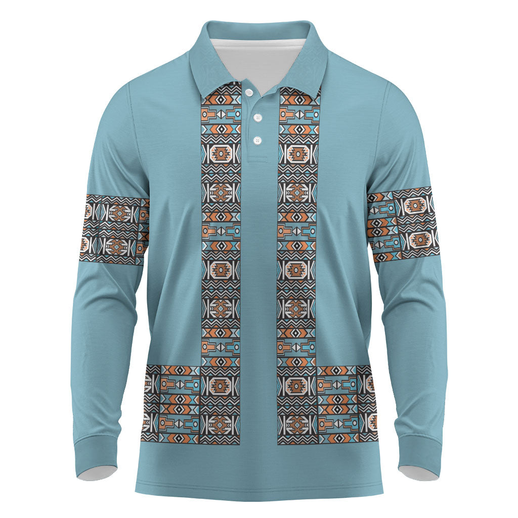 African Ndebele Traditional Attire Long Sleeve Polo Shirt Blue Ndebele Stripe