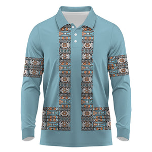 African Ndebele Traditional Attire Long Sleeve Polo Shirt Blue Ndebele Stripe