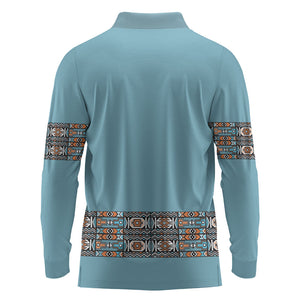 African Ndebele Traditional Attire Long Sleeve Polo Shirt Blue Ndebele Stripe