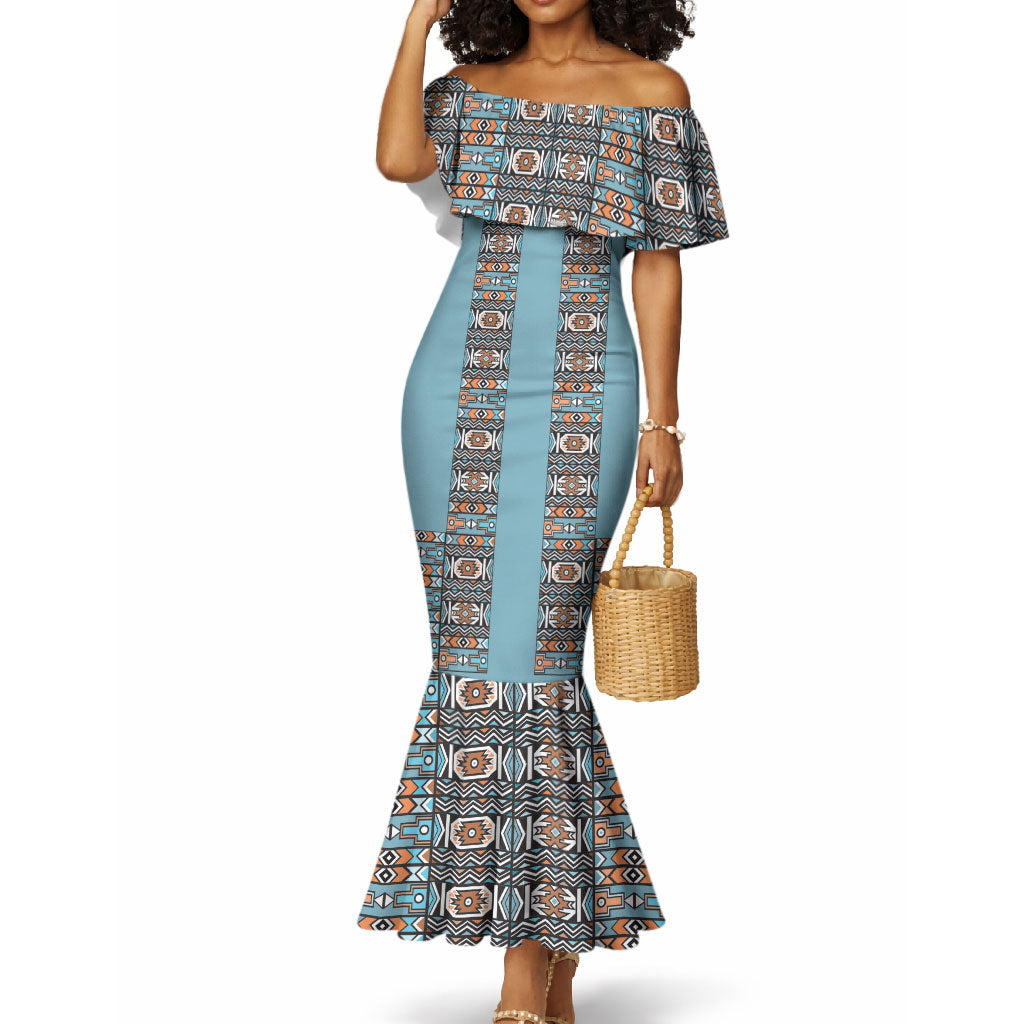 African Ndebele Traditional Attire Mermaid Dress Blue Ndebele Stripe