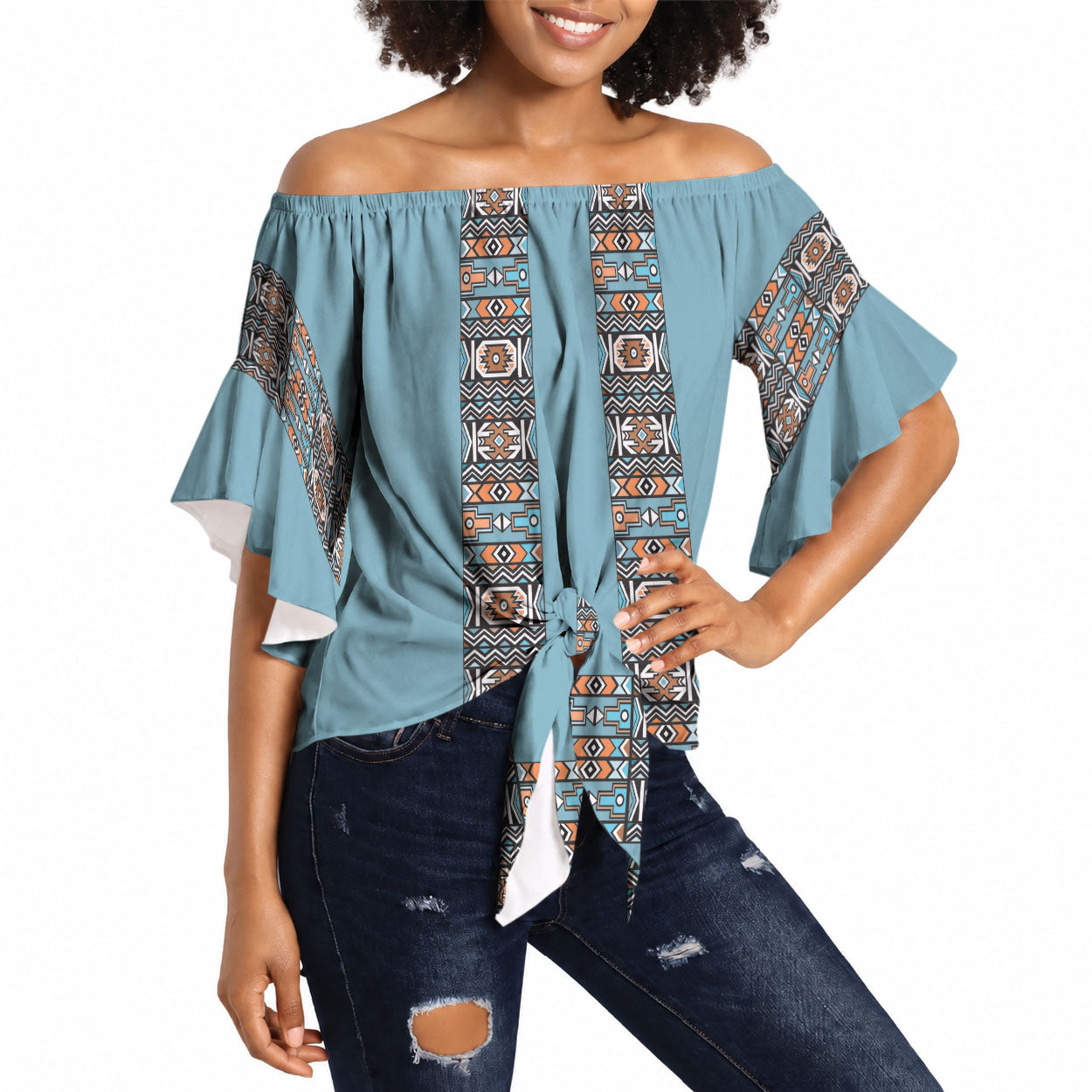 African Ndebele Traditional Attire Off Shoulder Wrap Waist Top Blue Ndebele Stripe