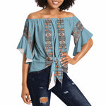 African Ndebele Traditional Attire Off Shoulder Wrap Waist Top Blue Ndebele Stripe