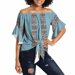 African Ndebele Traditional Attire Off Shoulder Wrap Waist Top Blue Ndebele Stripe