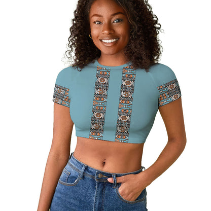 African Ndebele Traditional Attire Raglan Cropped T shirt Blue Ndebele Stripe