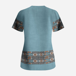 African Ndebele Traditional Attire Scrub Top Blue Ndebele Stripe