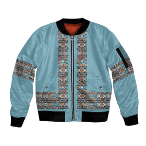 African Ndebele Traditional Attire Sleeve Zip Bomber Jacket Blue Ndebele Stripe