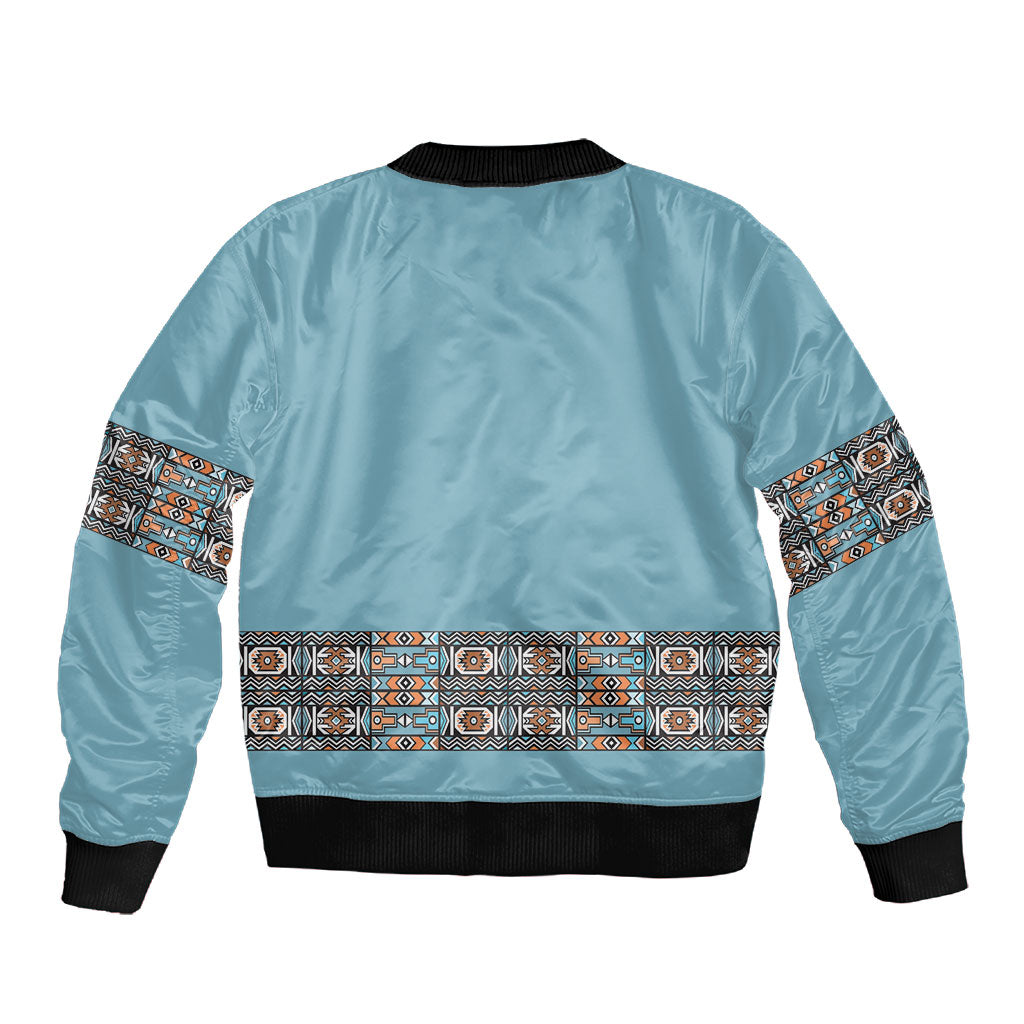 African Ndebele Traditional Attire Sleeve Zip Bomber Jacket Blue Ndebele Stripe