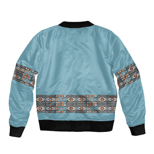 African Ndebele Traditional Attire Sleeve Zip Bomber Jacket Blue Ndebele Stripe