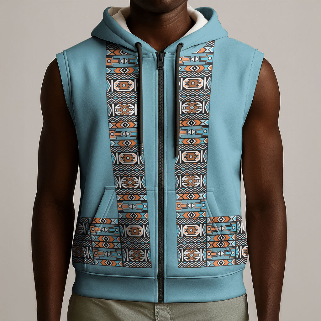 African Ndebele Traditional Attire Sleeveless Zip Hoodie Blue Ndebele Stripe