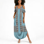 African Ndebele Traditional Attire Summer Maxi Dress Blue Ndebele Stripe