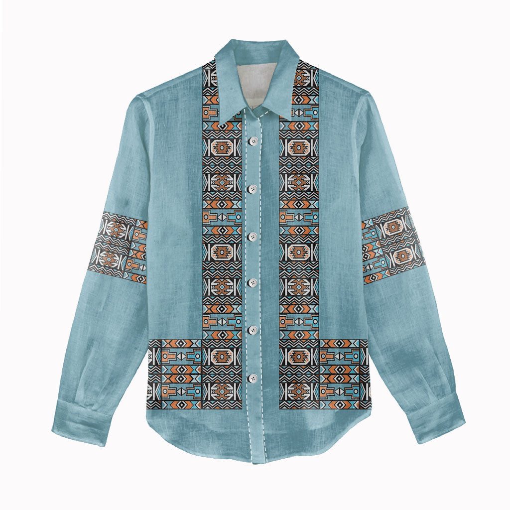 African Ndebele Traditional Attire Women Casual Shirt Blue Ndebele Stripe