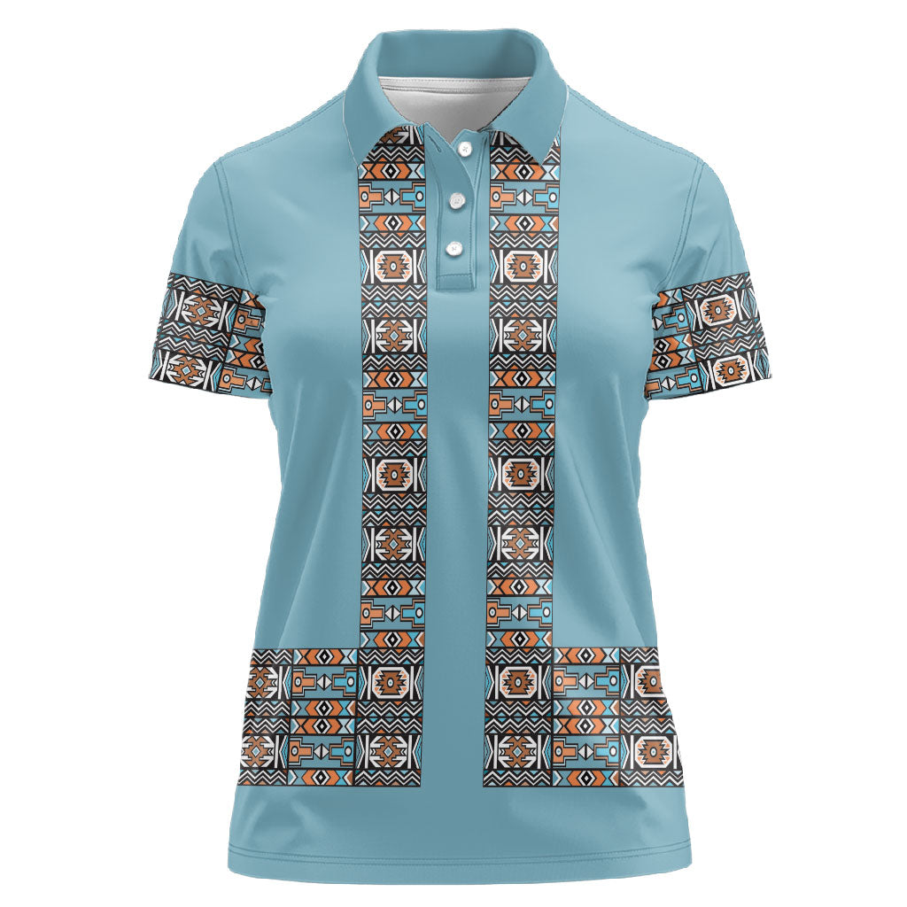African Ndebele Traditional Attire Women Polo Shirt Blue Ndebele Stripe