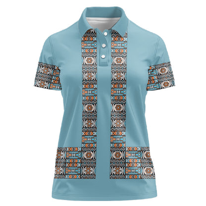 African Ndebele Traditional Attire Women Polo Shirt Blue Ndebele Stripe