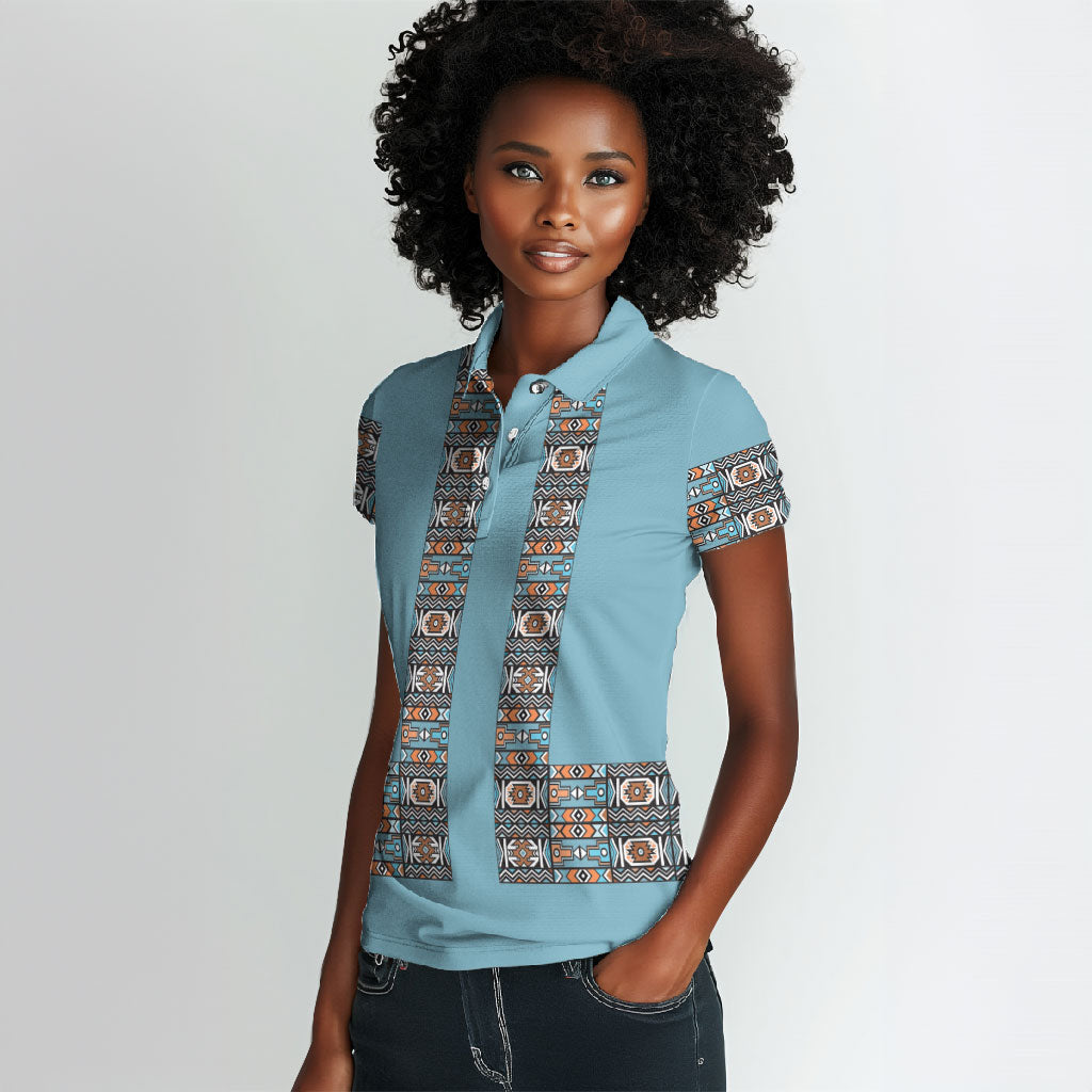 African Ndebele Traditional Attire Women Polo Shirt Blue Ndebele Stripe