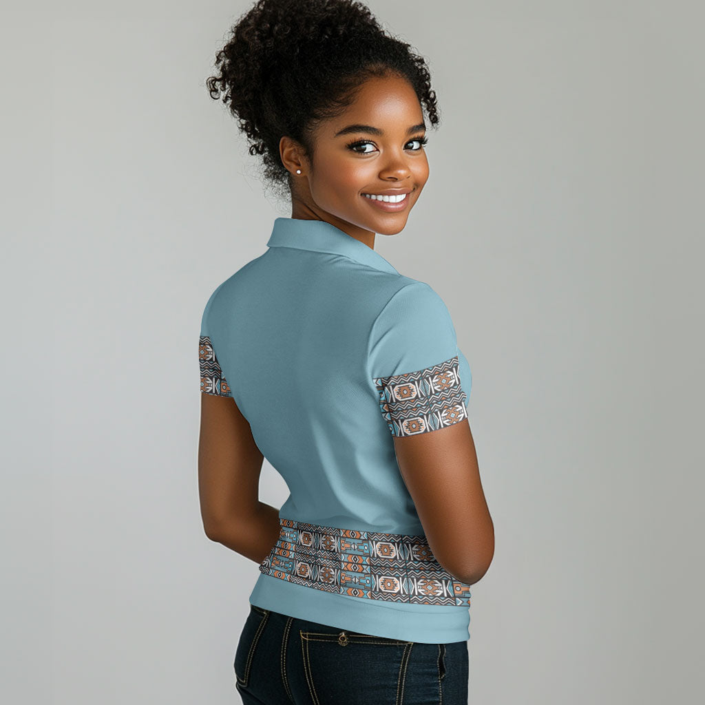 African Ndebele Traditional Attire Women Polo Shirt Blue Ndebele Stripe