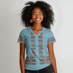 African Ndebele Traditional Attire Women V-Neck T-Shirt Blue Ndebele Stripe
