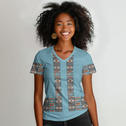 African Ndebele Traditional Attire Women V-Neck T-Shirt Blue Ndebele Stripe