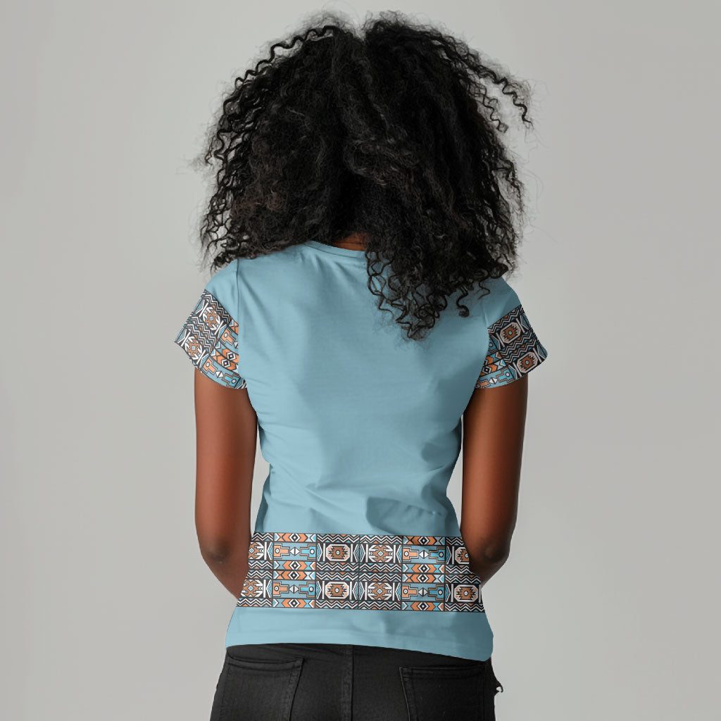 African Ndebele Traditional Attire Women V-Neck T-Shirt Blue Ndebele Stripe